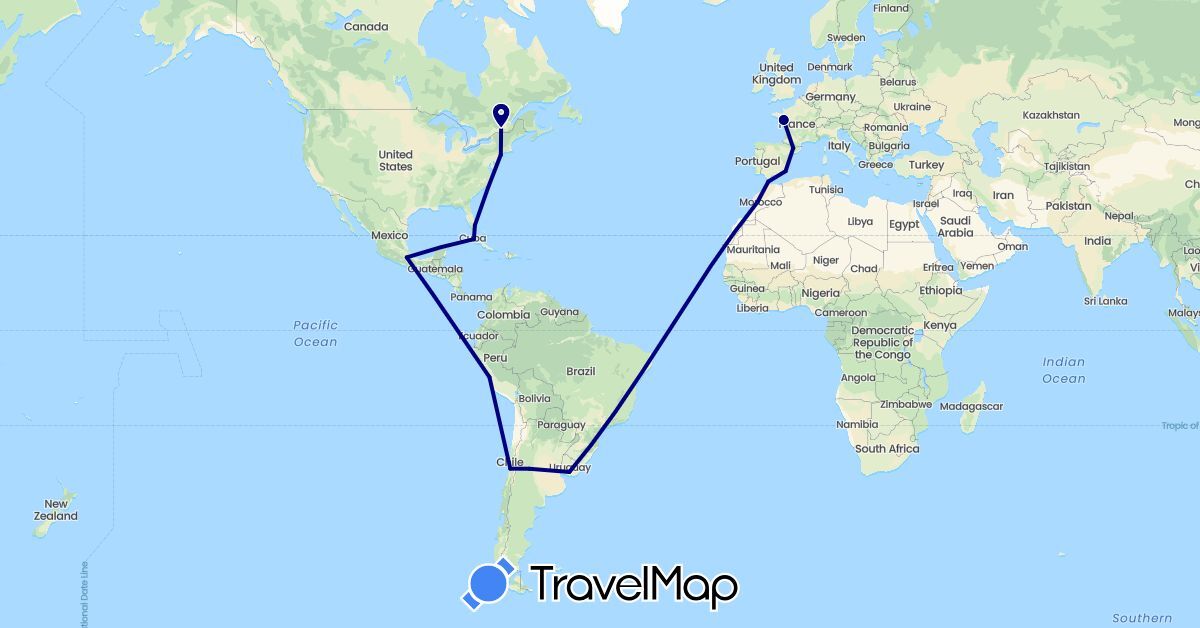 TravelMap itinerary: driving in Argentina, Canada, Chile, Cuba, Spain, France, Morocco, Mexico, Peru, United States, Uruguay (Africa, Europe, North America, South America)